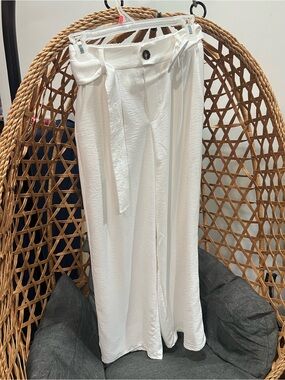 High-Waist White Maxi Skirt-Pants with Self Tie